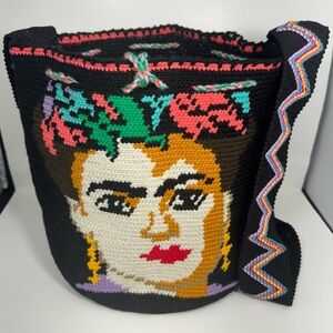 Frida Kahlo Tote Wayuu Shoulder Bag Black- Purple / HANDMADE